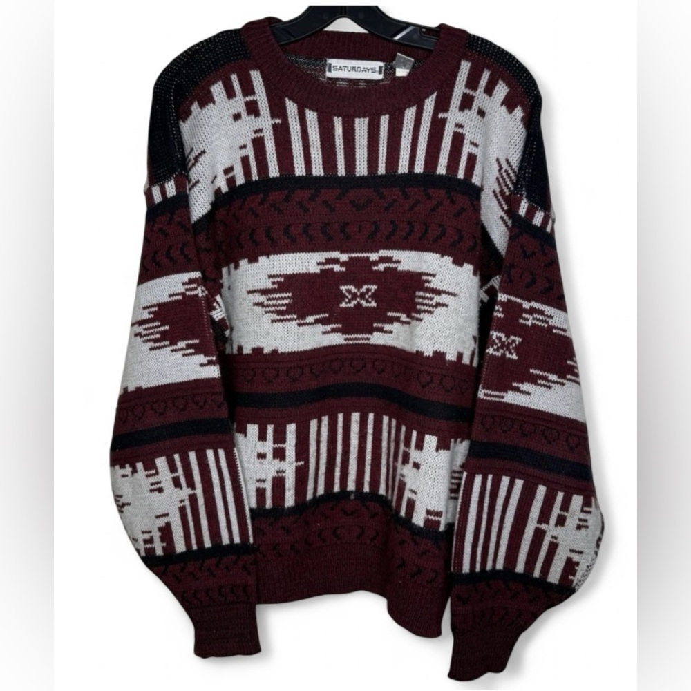 Vintage Saturdays Sweater Large Maroon Black White Pullover Aztec 1989